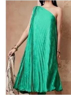 Banana Republic One-Shoulder Teal Pleated Midi Dress